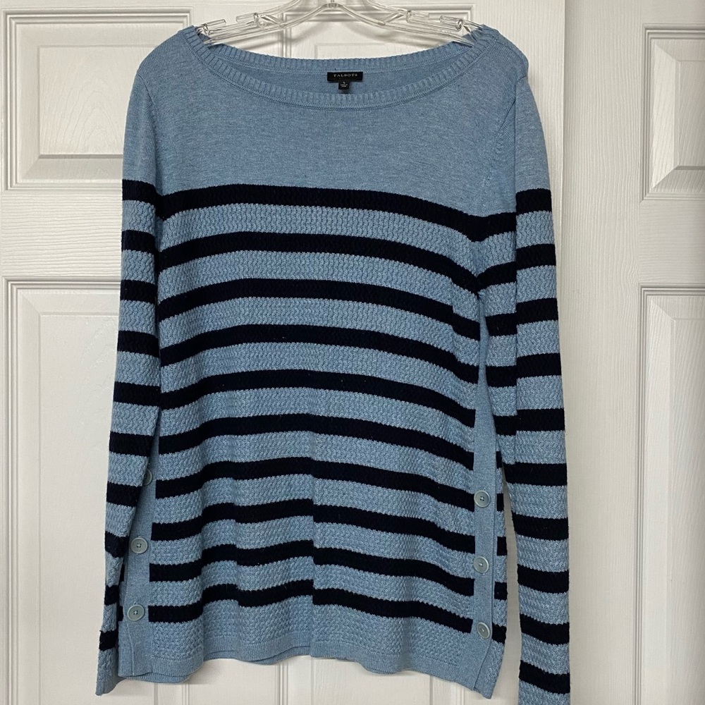 Talbots Blue Textured Striped Long Sweater Button Detail Sz L
